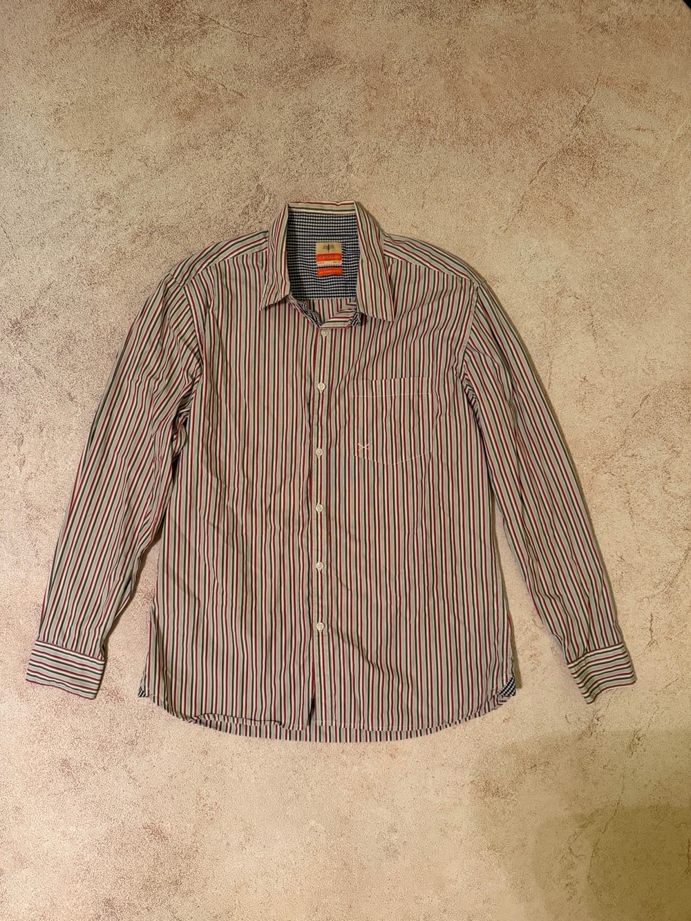 Men's Long-Sleeve Striped Dress Shirt - White with Red & Green Stripes